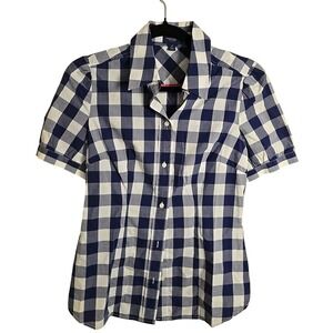 American Eagle Women's Top  4  Short Sleeve Gingham Fitted Blue White Buttons